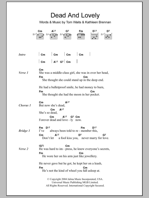 Tom Waits Dead And Lovely Sheet Music Notes & Chords for Lyrics & Chords - Download or Print PDF