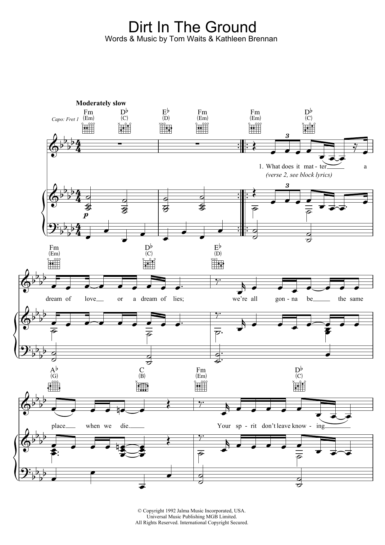 Tom Waits Dirt In The Ground Sheet Music Notes & Chords for Lyrics & Chords - Download or Print PDF