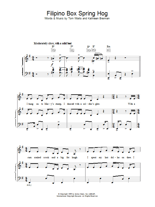 Tom Waits Filipino Box Spring Hog Sheet Music Notes & Chords for Piano, Vocal & Guitar (Right-Hand Melody) - Download or Print PDF