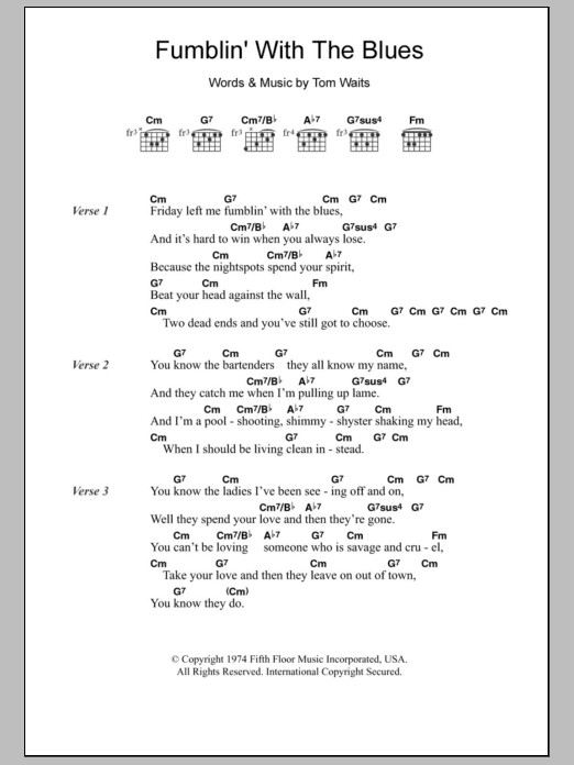 Tom Waits Fumblin' With The Blues Sheet Music Notes & Chords for Lyrics & Chords - Download or Print PDF