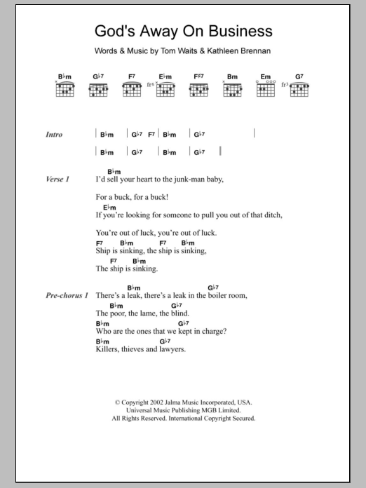 Tom Waits God's Away On Business Sheet Music Notes & Chords for Lyrics & Chords - Download or Print PDF