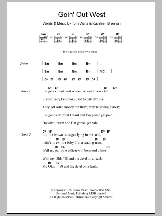 Tom Waits Goin' Out West Sheet Music Notes & Chords for Lyrics & Chords - Download or Print PDF