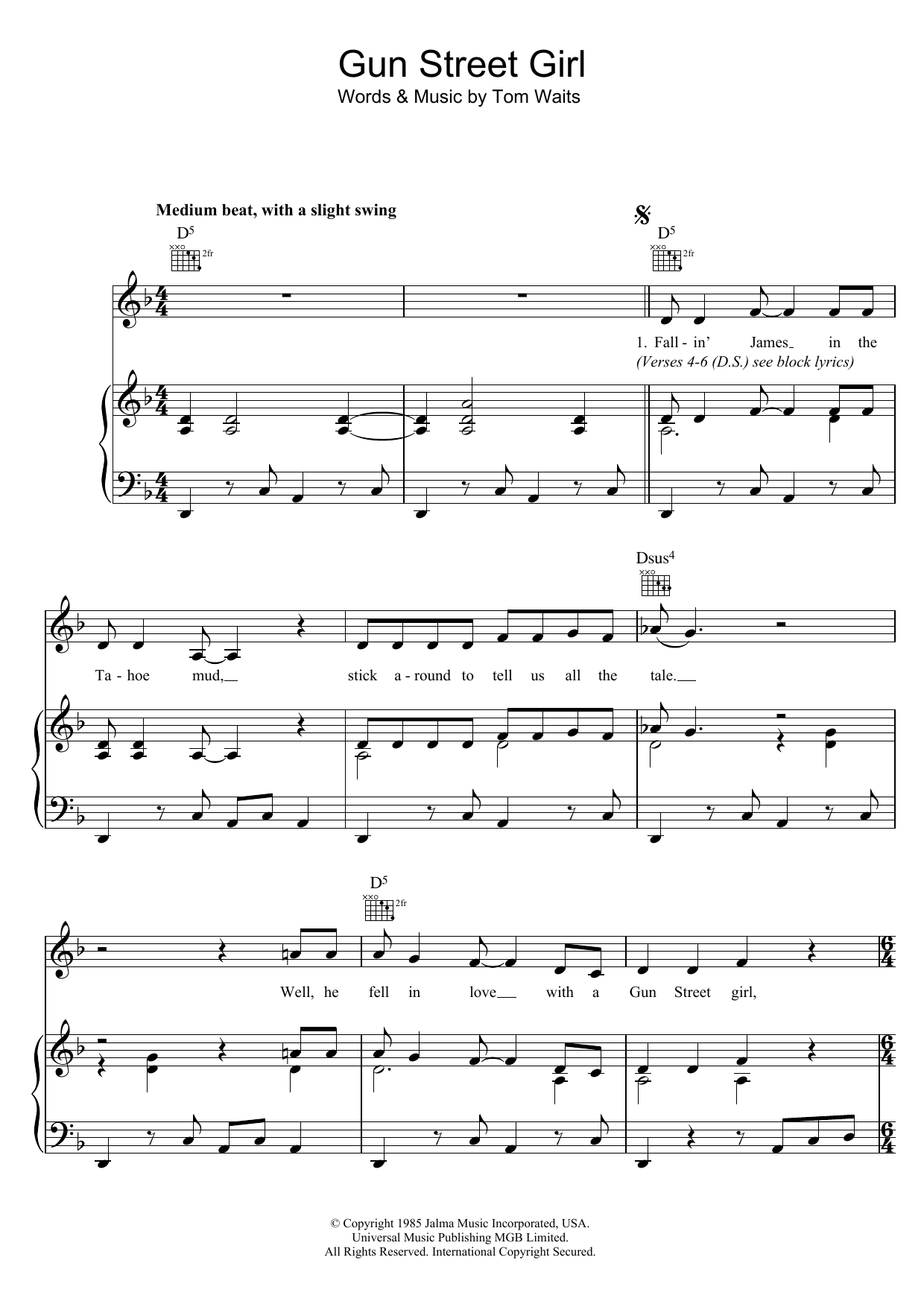 Tom Waits Gun Street Girl Sheet Music Notes & Chords for Lyrics & Chords - Download or Print PDF