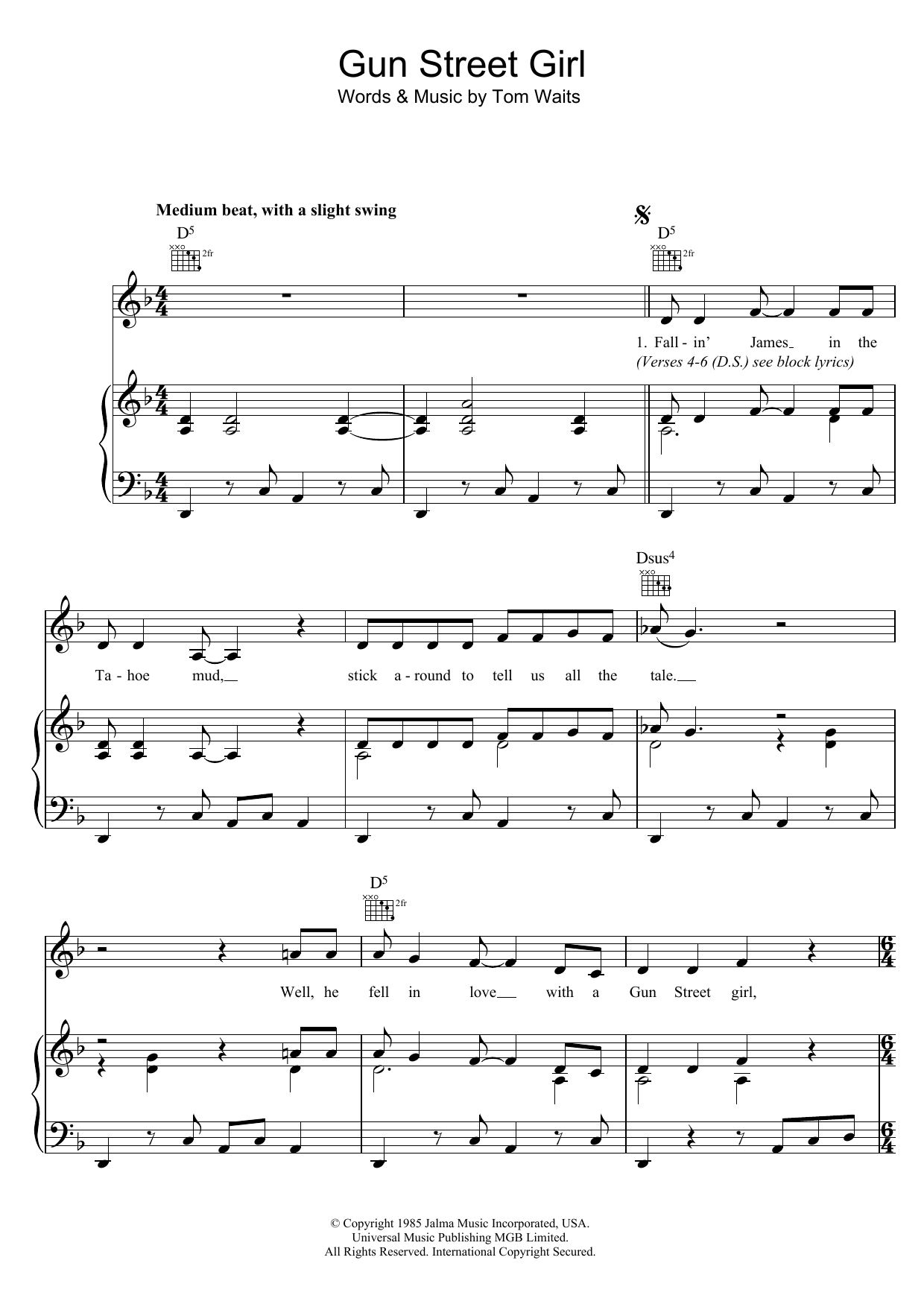 Tom Waits Gun Street Girl Sheet Music Notes & Chords for Piano, Vocal & Guitar - Download or Print PDF