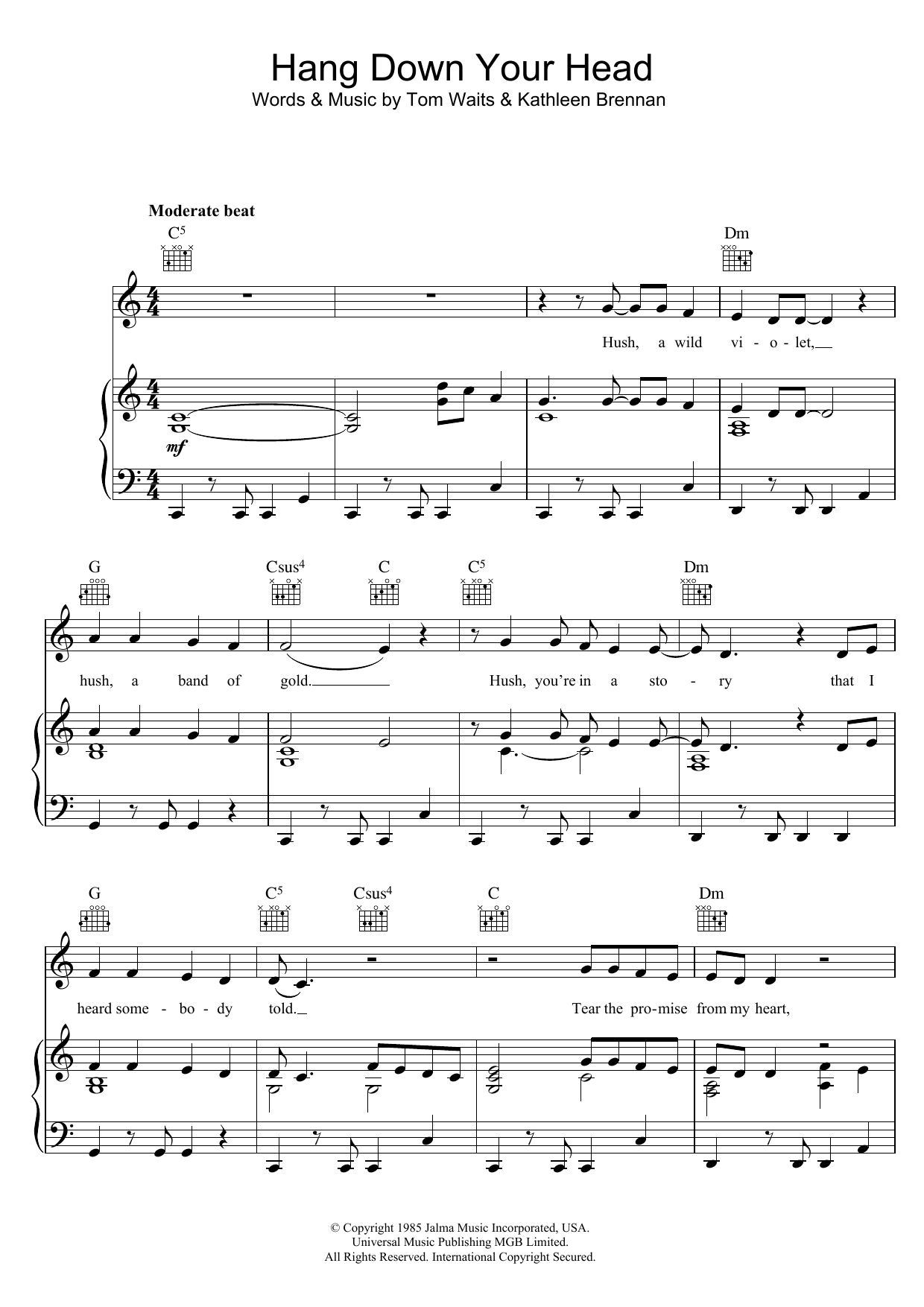Tom Waits Hang Down Your Head Sheet Music Notes & Chords for Piano, Vocal & Guitar - Download or Print PDF