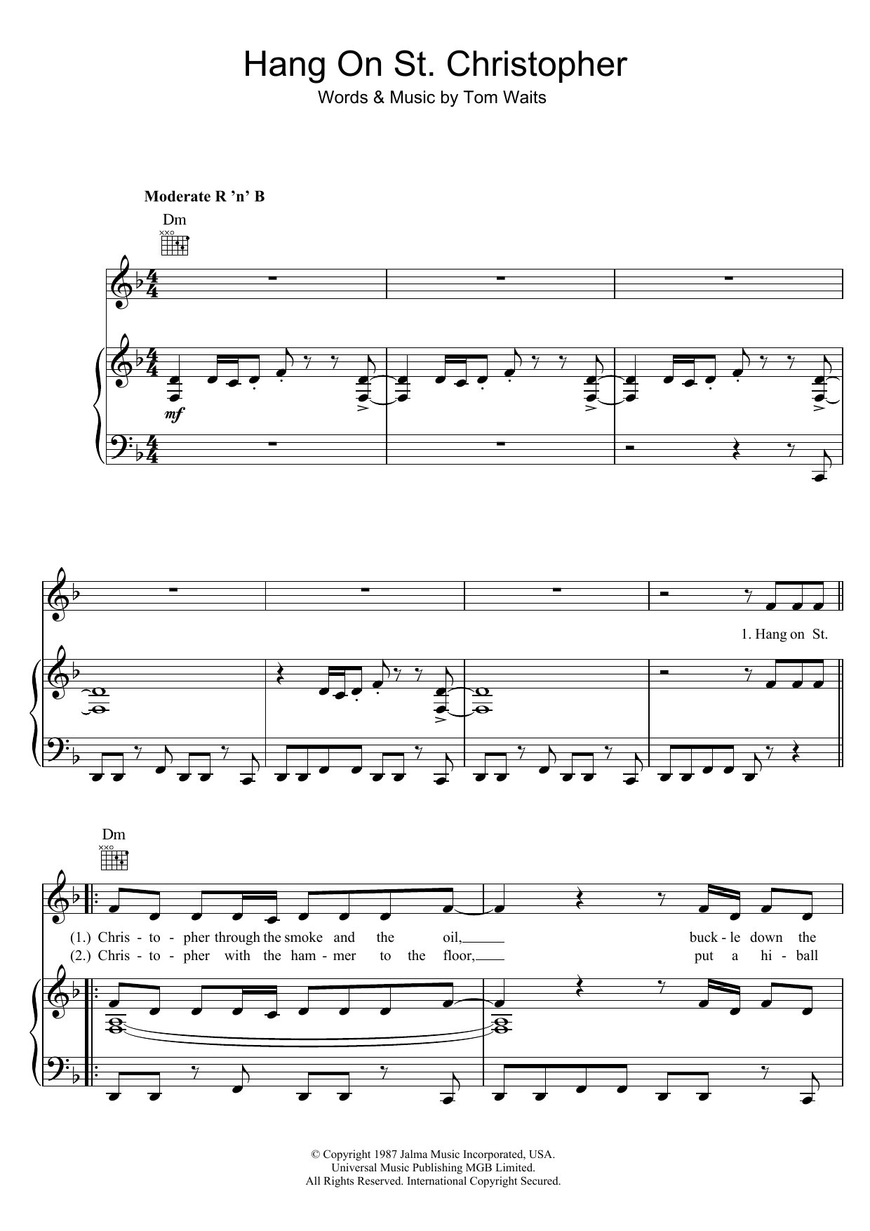 Tom Waits Hang On St. Christopher Sheet Music Notes & Chords for Lyrics & Chords - Download or Print PDF