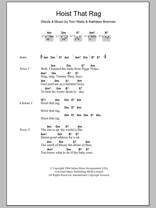 Tom Waits Hoist That Rag Sheet Music Notes & Chords for Lyrics & Chords - Download or Print PDF