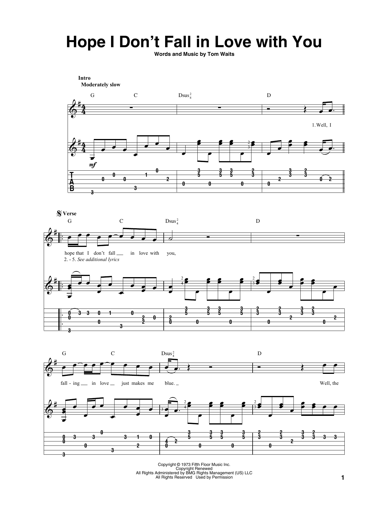 Tom Waits Hope I Don't Fall In Love With You Sheet Music Notes & Chords for Solo Guitar Tab - Download or Print PDF