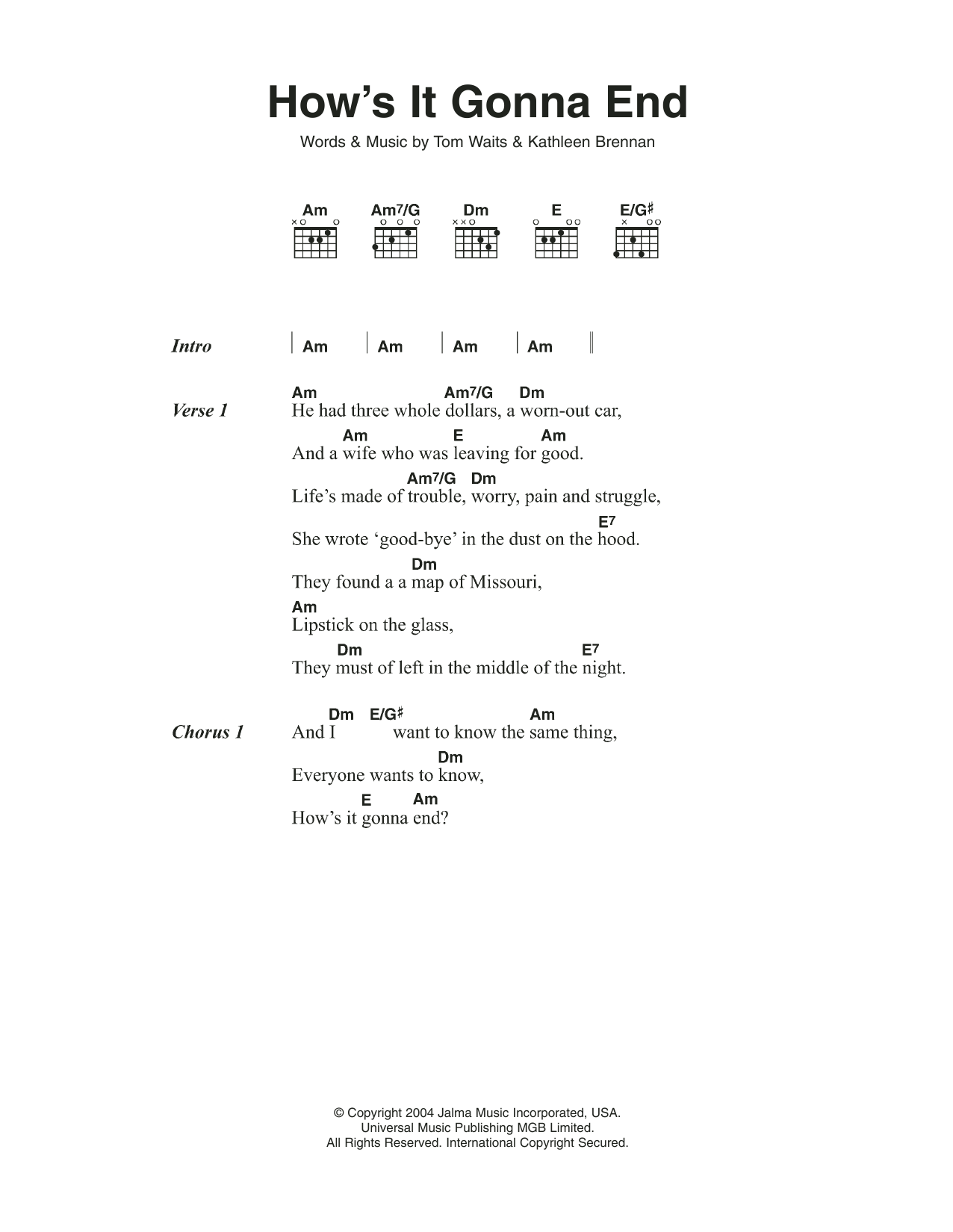 Tom Waits How's It Gonna End Sheet Music Notes & Chords for Lyrics & Chords - Download or Print PDF