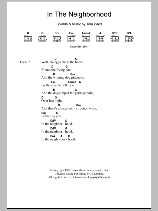 Tom Waits In The Neighborhood Sheet Music Notes & Chords for Lyrics & Chords - Download or Print PDF