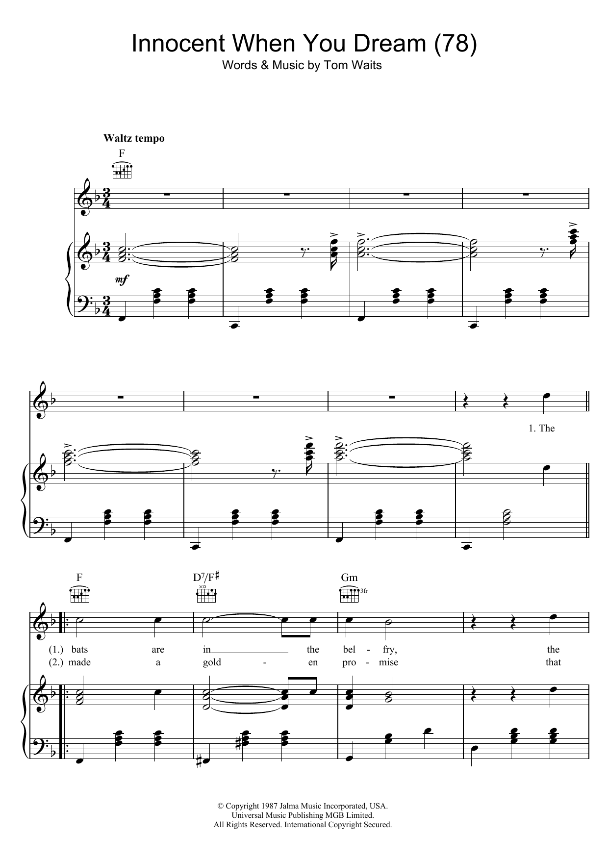 Tom Waits Innocent When You Dream (78) Sheet Music Notes & Chords for Lyrics & Chords - Download or Print PDF