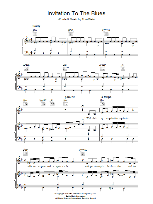 Tom Waits Invitation To The Blues Sheet Music Notes & Chords for Piano, Vocal & Guitar (Right-Hand Melody) - Download or Print PDF