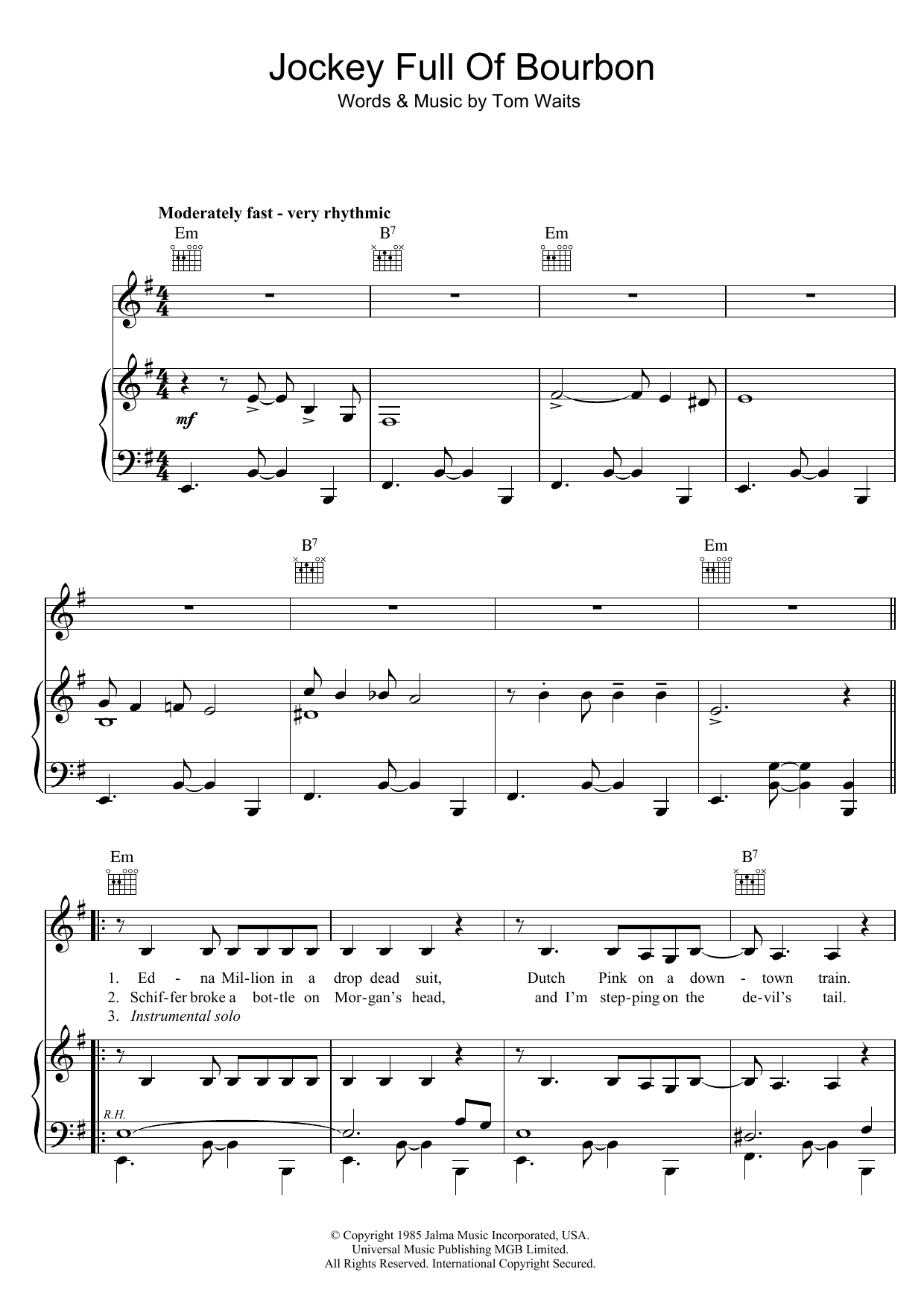 Tom Waits Jockey Full Of Bourbon Sheet Music Notes & Chords for Lyrics & Chords - Download or Print PDF