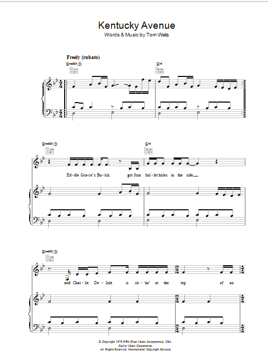 Tom Waits Kentucky Avenue Sheet Music Notes & Chords for Piano, Vocal & Guitar - Download or Print PDF