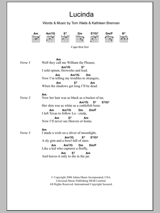 Tom Waits Lucinda Sheet Music Notes & Chords for Lyrics & Chords - Download or Print PDF