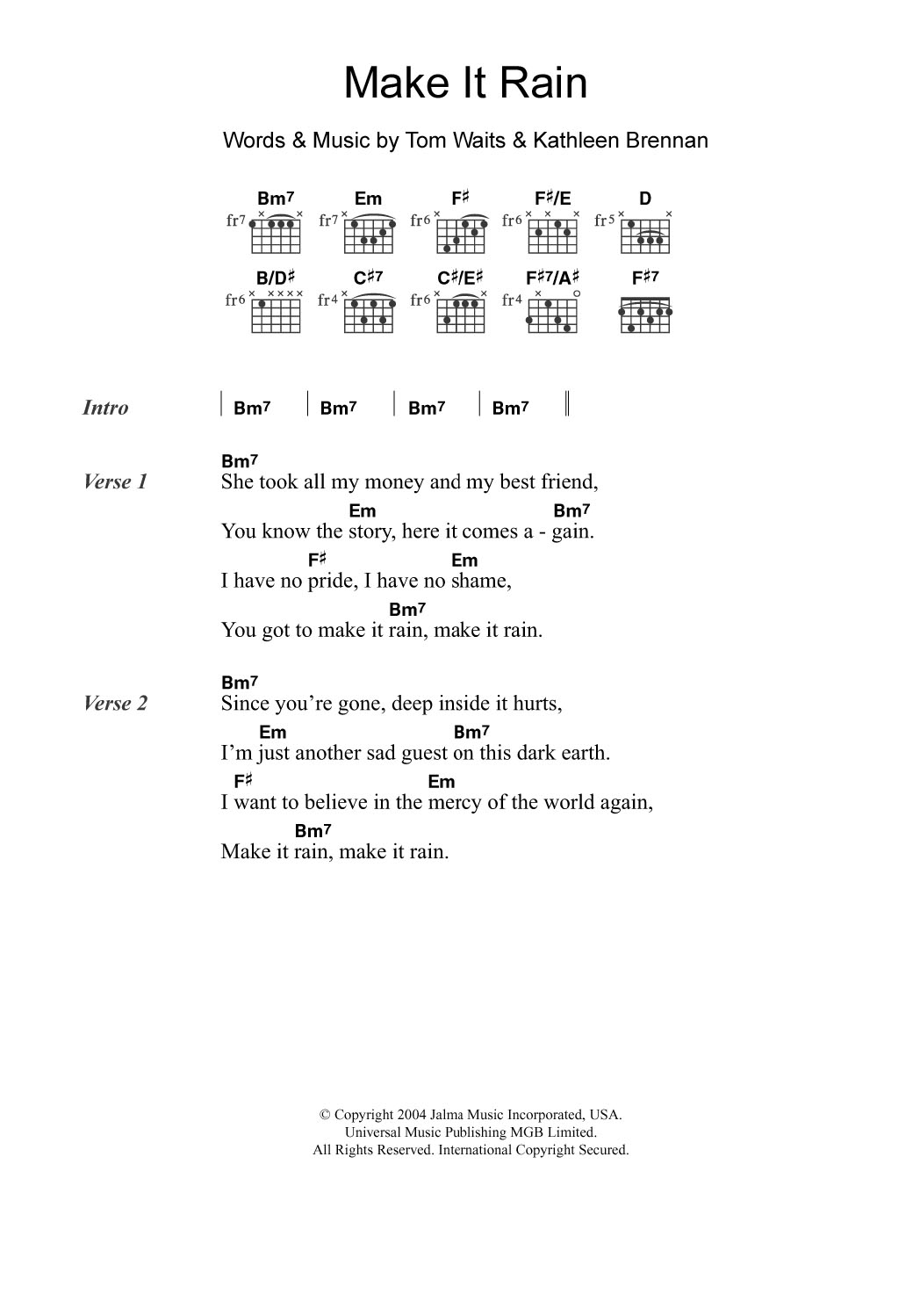 Tom Waits Make It Rain Sheet Music Notes & Chords for Lyrics & Chords - Download or Print PDF