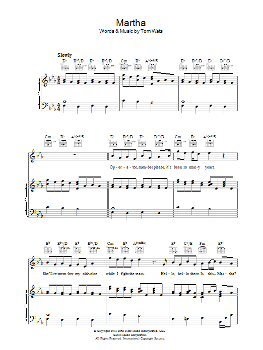 Tom Waits Martha Sheet Music Notes & Chords for Lyrics & Chords - Download or Print PDF