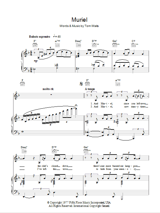 Tom Waits Muriel Sheet Music Notes & Chords for Piano, Vocal & Guitar (Right-Hand Melody) - Download or Print PDF