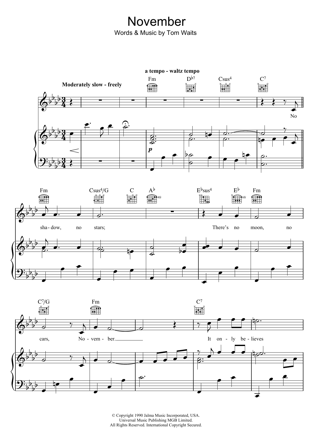 Tom Waits November Sheet Music Notes & Chords for Piano, Vocal & Guitar - Download or Print PDF