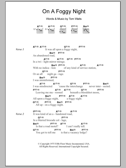 Tom Waits On A Foggy Night Sheet Music Notes & Chords for Lyrics & Chords - Download or Print PDF