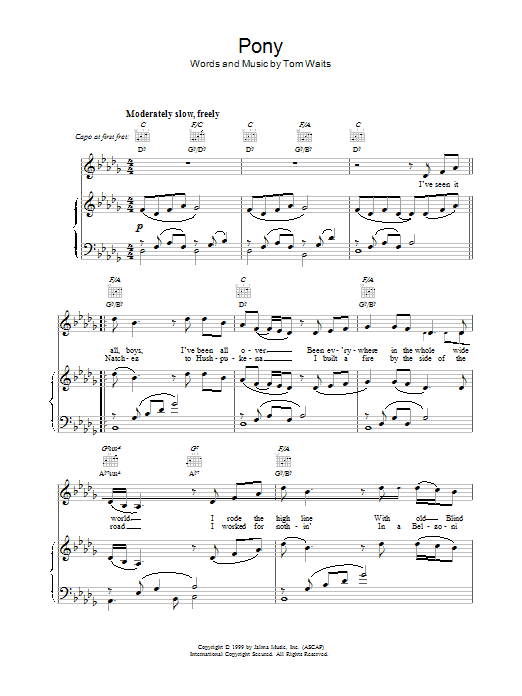 Tom Waits Pony Sheet Music Notes & Chords for Piano, Vocal & Guitar (Right-Hand Melody) - Download or Print PDF