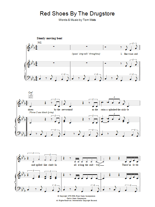 Tom Waits Red Shoes By The Drugstore Sheet Music Notes & Chords for Piano, Vocal & Guitar (Right-Hand Melody) - Download or Print PDF