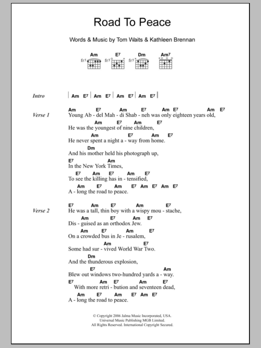 Tom Waits Road To Peace Sheet Music Notes & Chords for Lyrics & Chords - Download or Print PDF