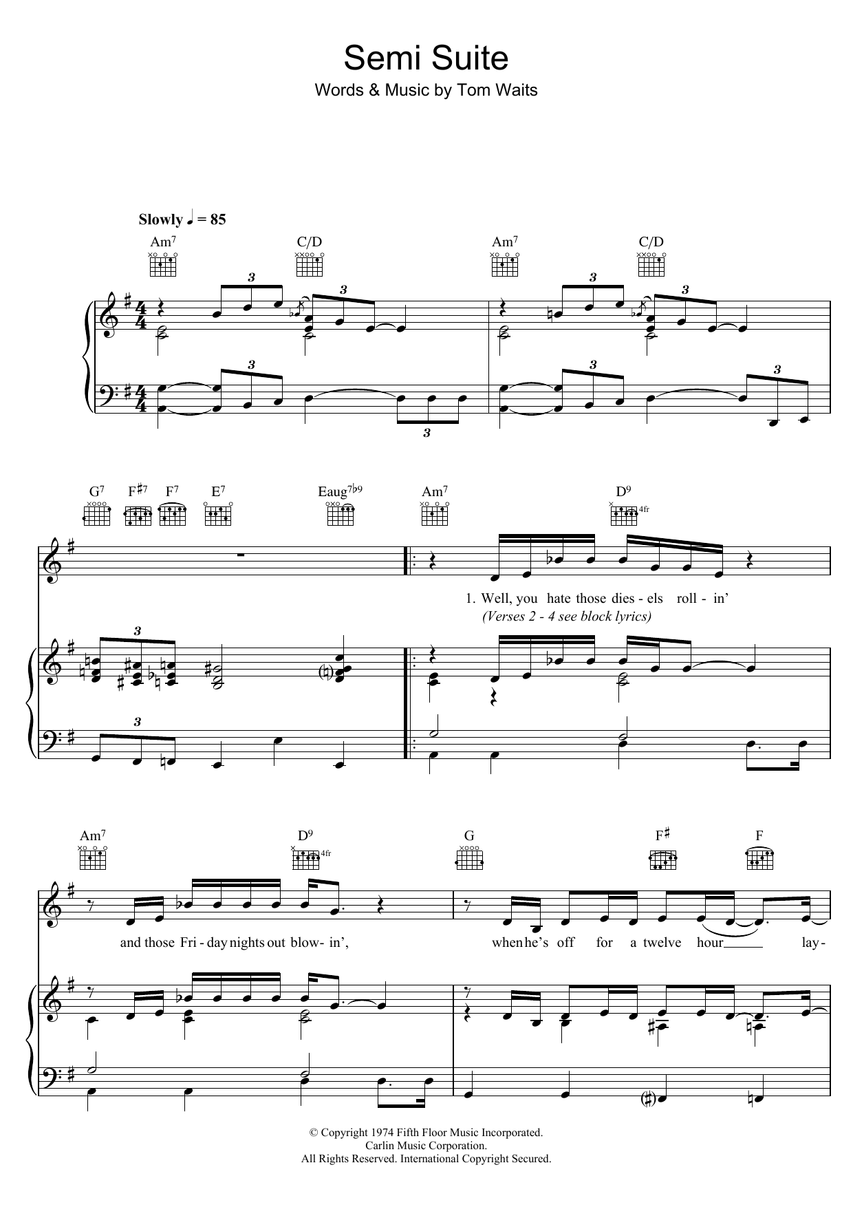 Tom Waits Semi Suite Sheet Music Notes & Chords for Piano, Vocal & Guitar (Right-Hand Melody) - Download or Print PDF