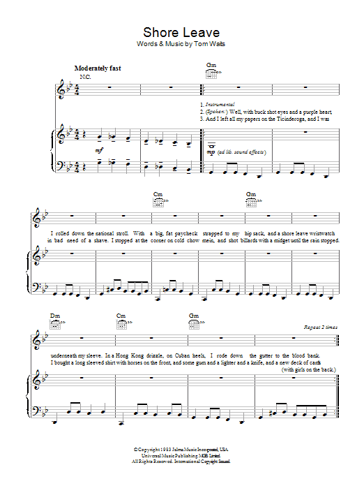 Tom Waits Shore Leave Sheet Music Notes & Chords for Piano, Vocal & Guitar - Download or Print PDF