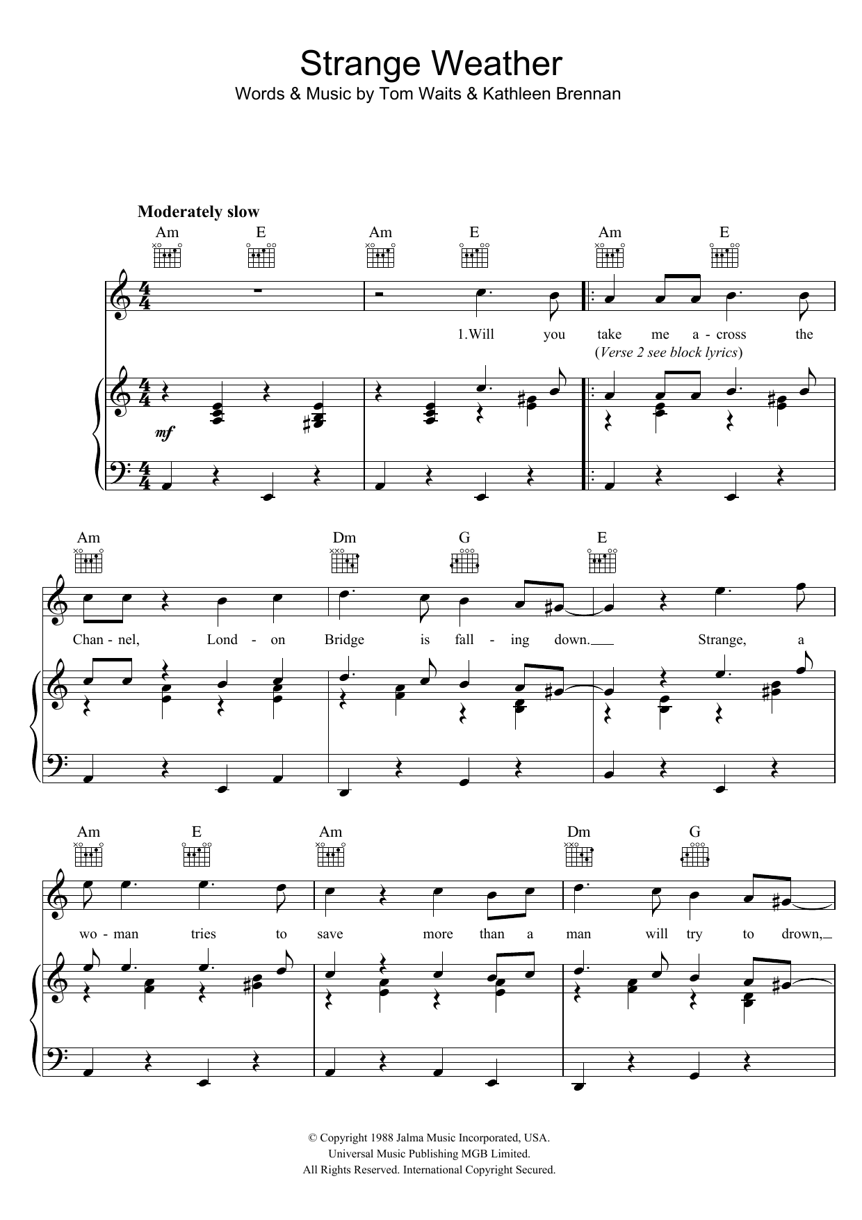 Tom Waits Strange Weather Sheet Music Notes & Chords for Piano, Vocal & Guitar - Download or Print PDF