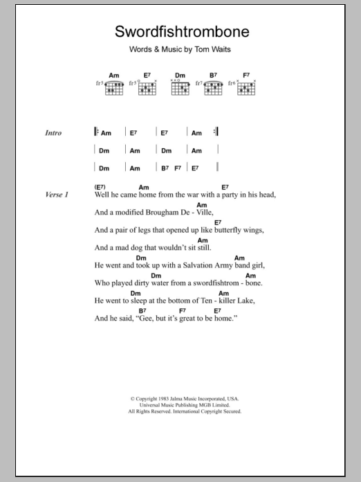 Tom Waits Swordfishtrombone Sheet Music Notes & Chords for Lyrics & Chords - Download or Print PDF