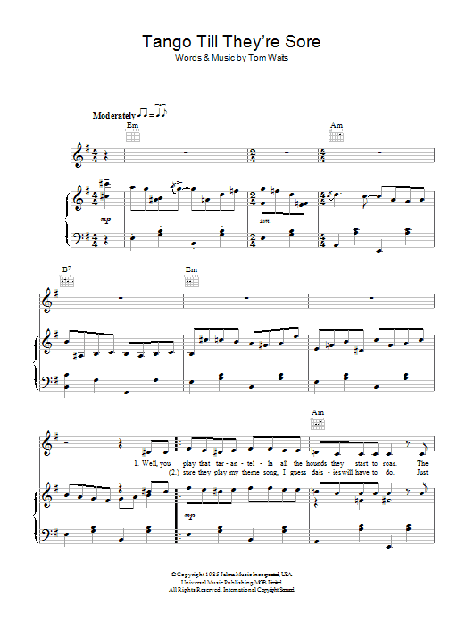 Tom Waits Tango Till They're Sore Sheet Music Notes & Chords for Piano, Vocal & Guitar - Download or Print PDF