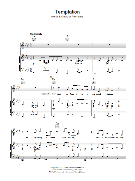 Tom Waits Temptation Sheet Music Notes & Chords for Piano, Vocal & Guitar - Download or Print PDF