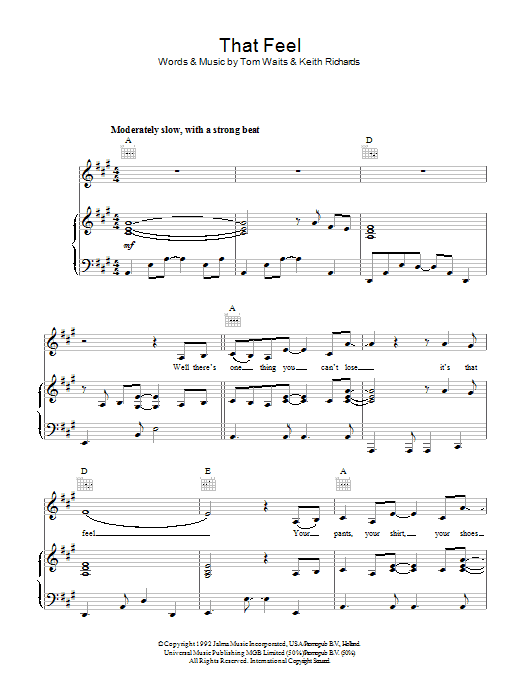Tom Waits That Feel Sheet Music Notes & Chords for Piano, Vocal & Guitar - Download or Print PDF