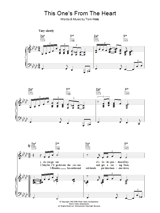 Tom Waits This One's From The Heart Sheet Music Notes & Chords for Piano, Vocal & Guitar (Right-Hand Melody) - Download or Print PDF