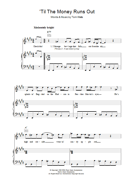 Tom Waits 'Til The Money Runs Out Sheet Music Notes & Chords for Piano, Vocal & Guitar - Download or Print PDF