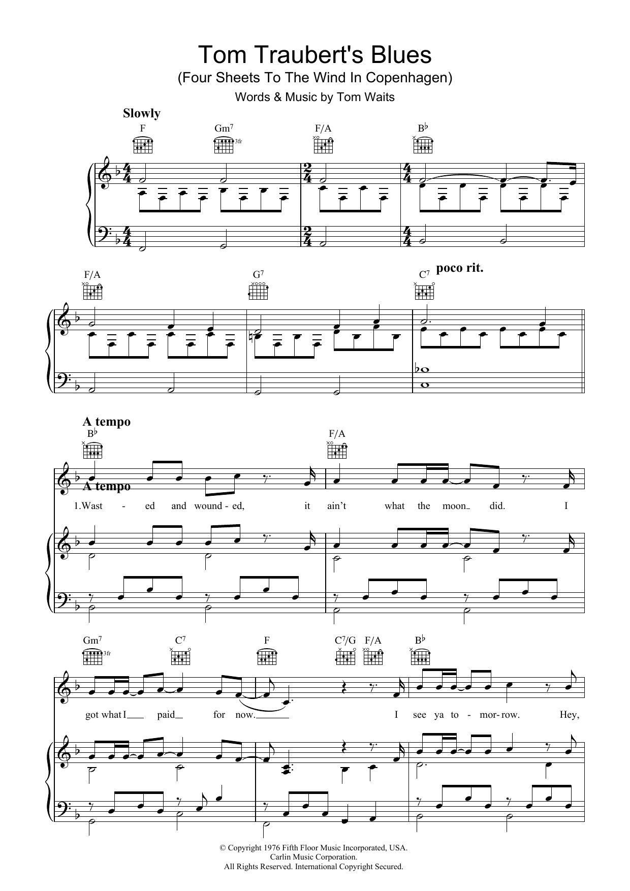 Tom Waits Tom Traubert's Blues (Four Sheets To The Wind In Copenhagen) Sheet Music Notes & Chords for Lyrics & Chords - Download or Print PDF