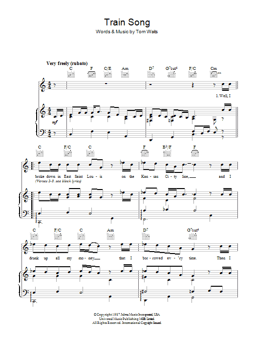 Tom Waits Train Song Sheet Music Notes & Chords for Piano, Vocal & Guitar - Download or Print PDF