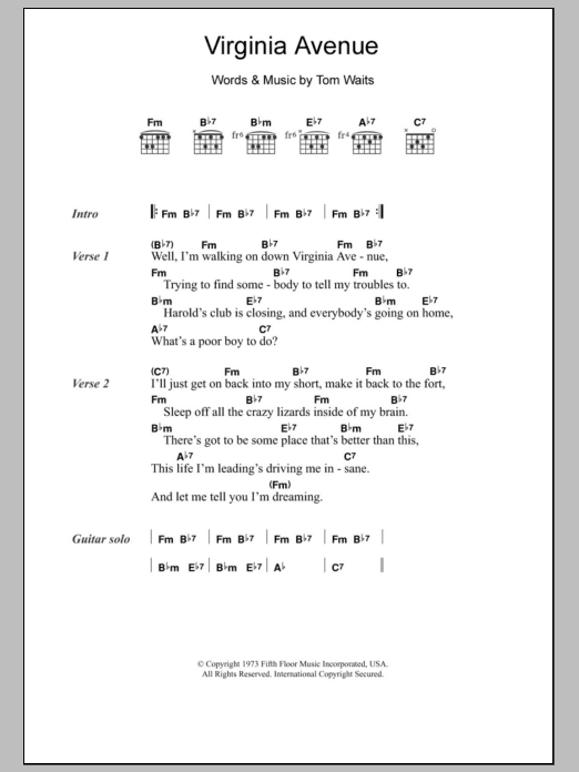 Tom Waits Virginia Avenue Sheet Music Notes & Chords for Lyrics & Chords - Download or Print PDF