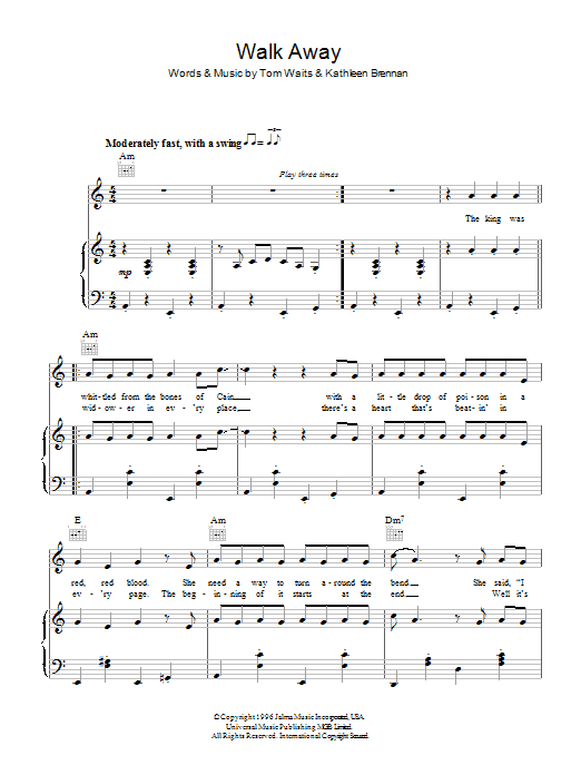 Tom Waits Walk Away Sheet Music Notes & Chords for Piano, Vocal & Guitar - Download or Print PDF