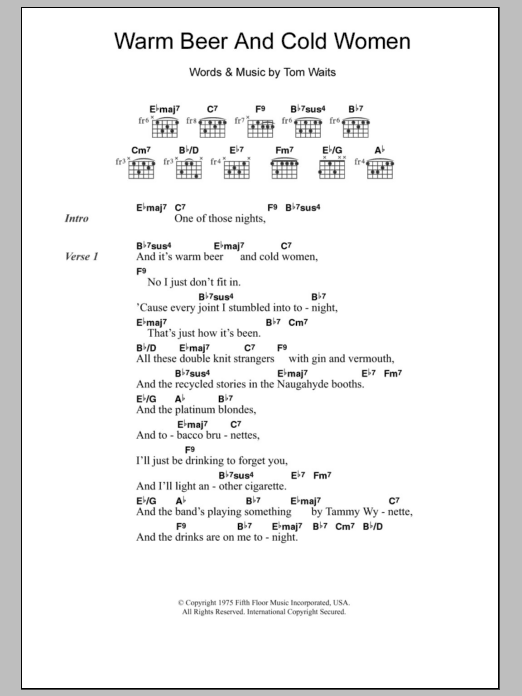 Tom Waits Warm Beer And Cold Women Sheet Music Notes & Chords for Lyrics & Chords - Download or Print PDF