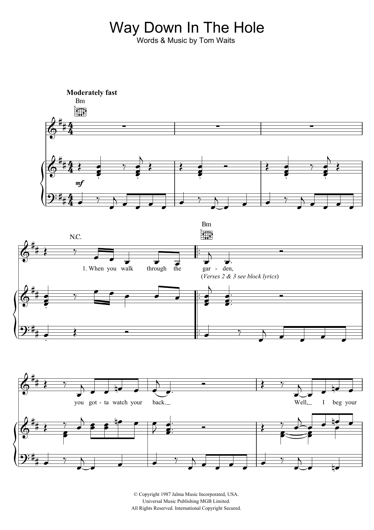 Tom Waits Way Down In The Hole Sheet Music Notes & Chords for Lyrics & Chords - Download or Print PDF