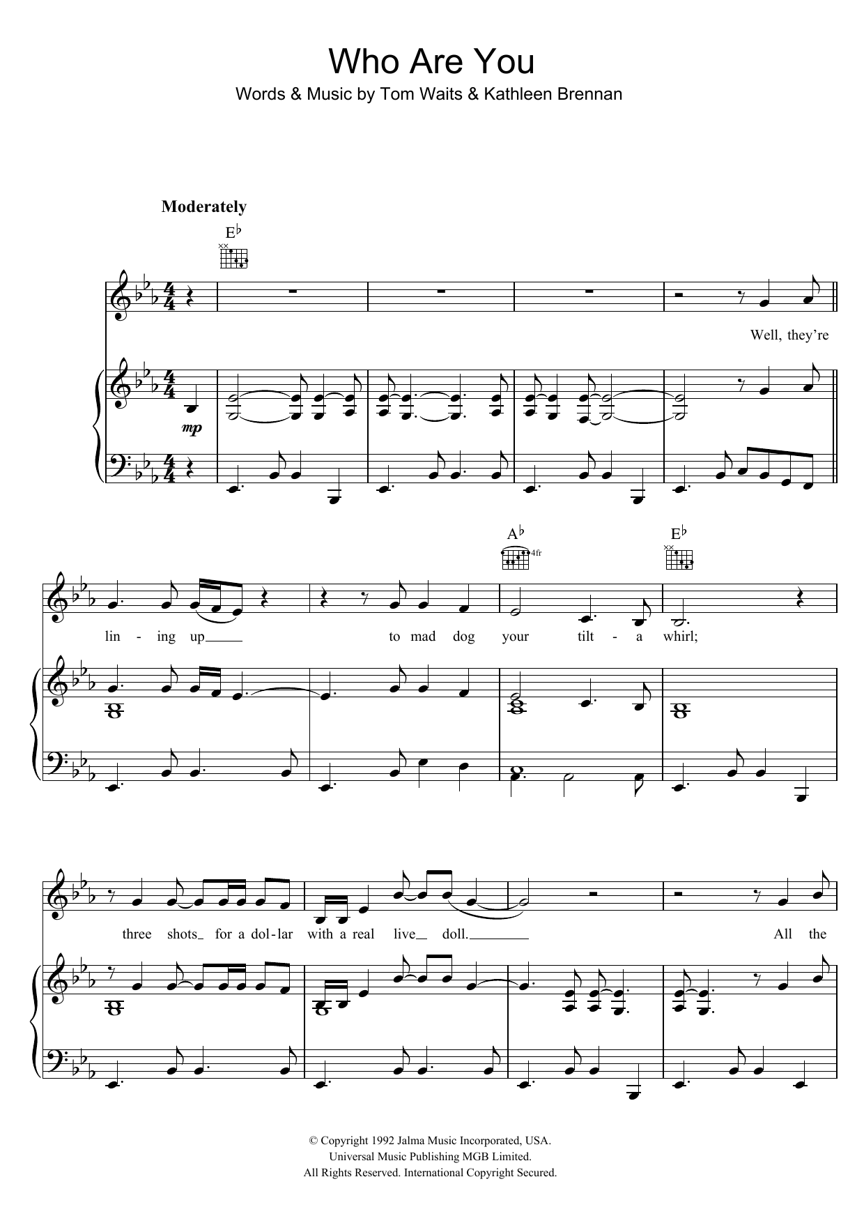 Tom Waits Who Are You Sheet Music Notes & Chords for Piano, Vocal & Guitar - Download or Print PDF