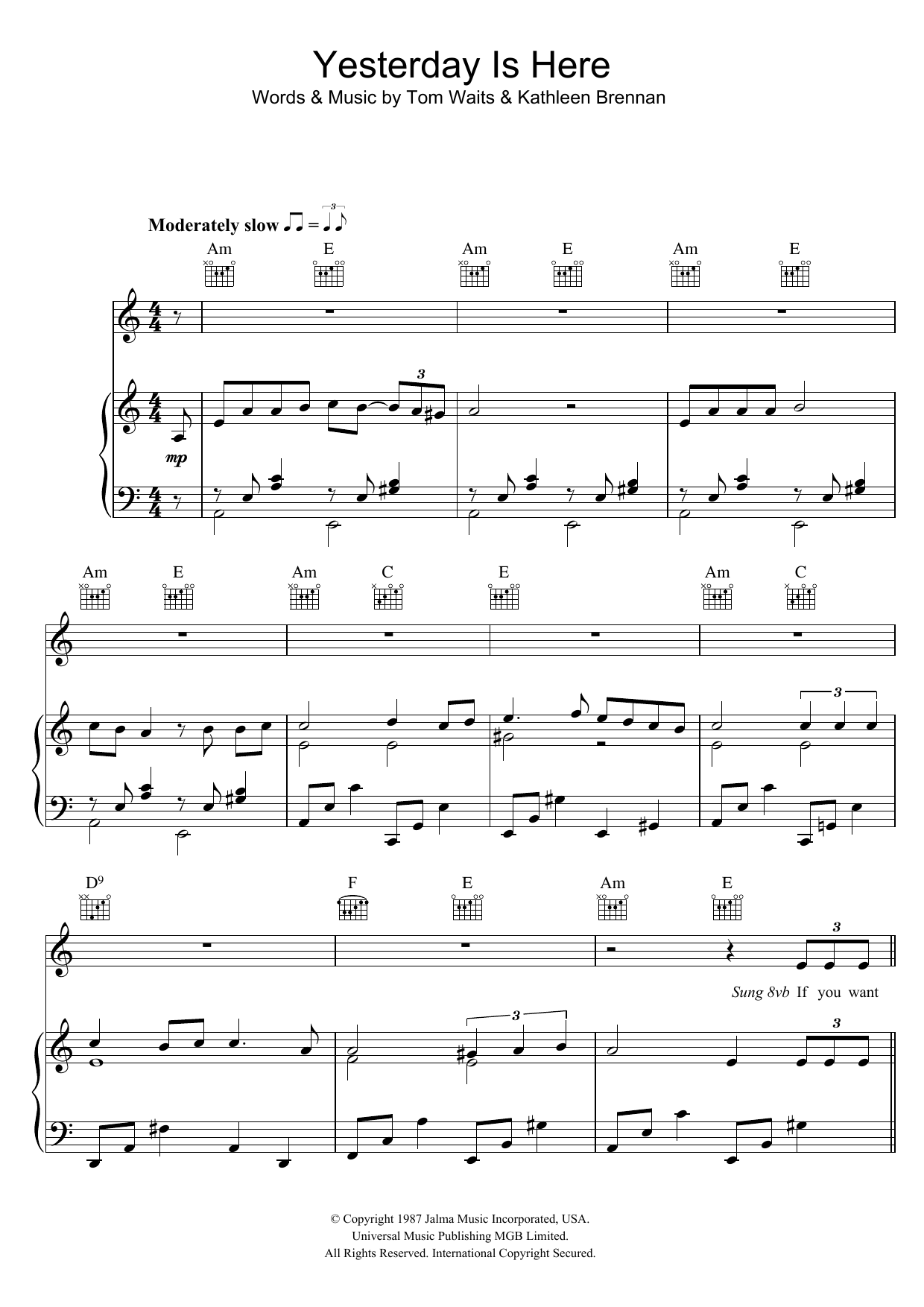 Tom Waits Yesterday Is Here Sheet Music Notes & Chords for Lyrics & Chords - Download or Print PDF