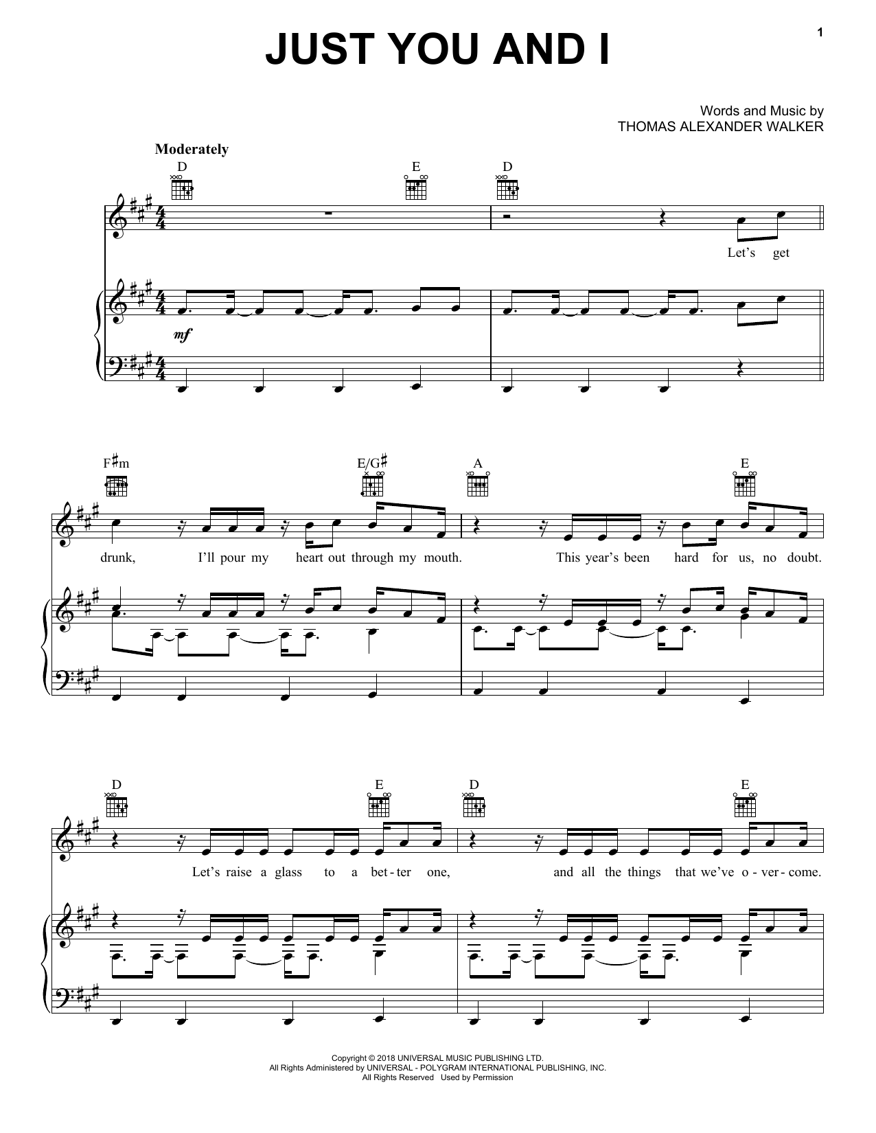 Tom Walker Just You And I Sheet Music Notes & Chords for Piano, Vocal & Guitar Chords (Right-Hand Melody) - Download or Print PDF