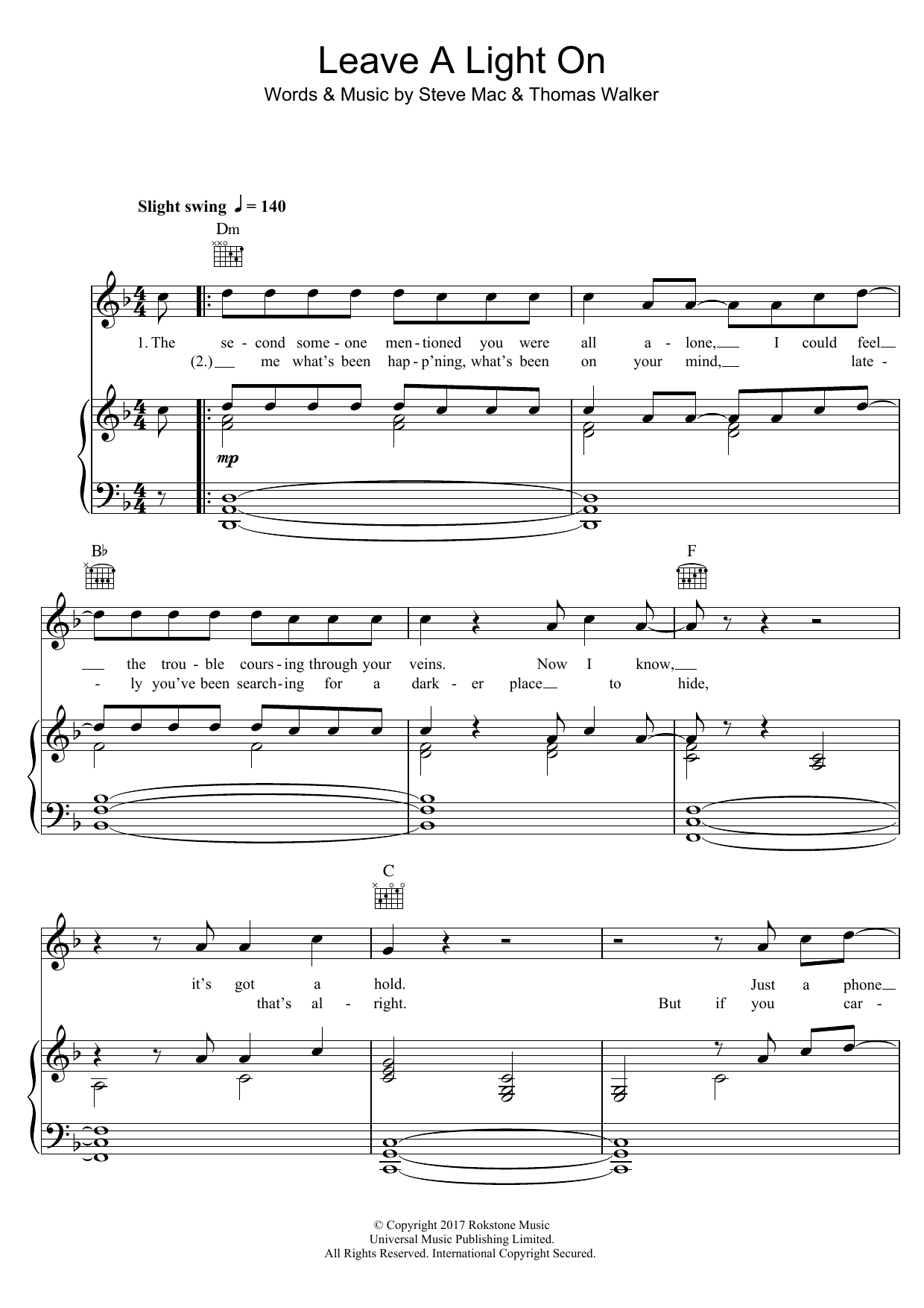 Tom Walker Leave A Light On Sheet Music Notes & Chords for Piano, Vocal & Guitar (Right-Hand Melody) - Download or Print PDF