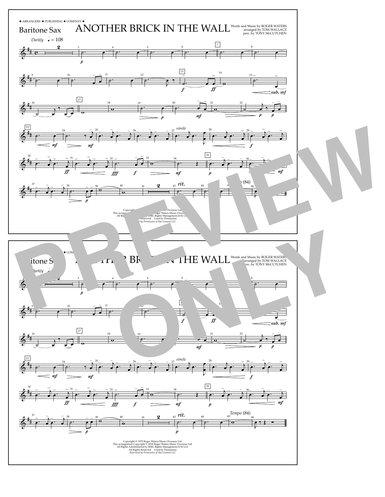 Tom Wallace Another Brick in the Wall - Baritone Sax Sheet Music Notes & Chords for Marching Band - Download or Print PDF