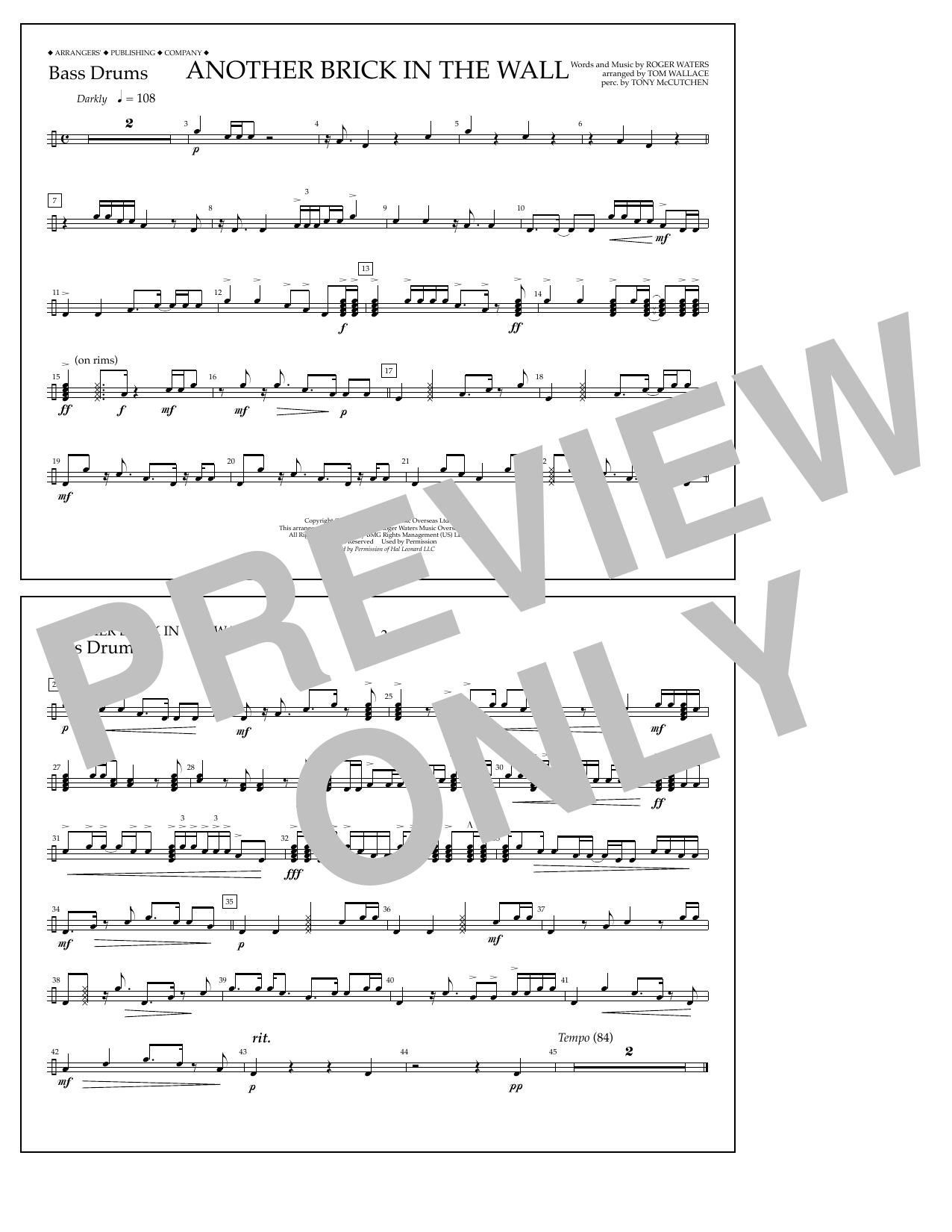 Tom Wallace Another Brick in the Wall - Bass Drums Sheet Music Notes & Chords for Marching Band - Download or Print PDF