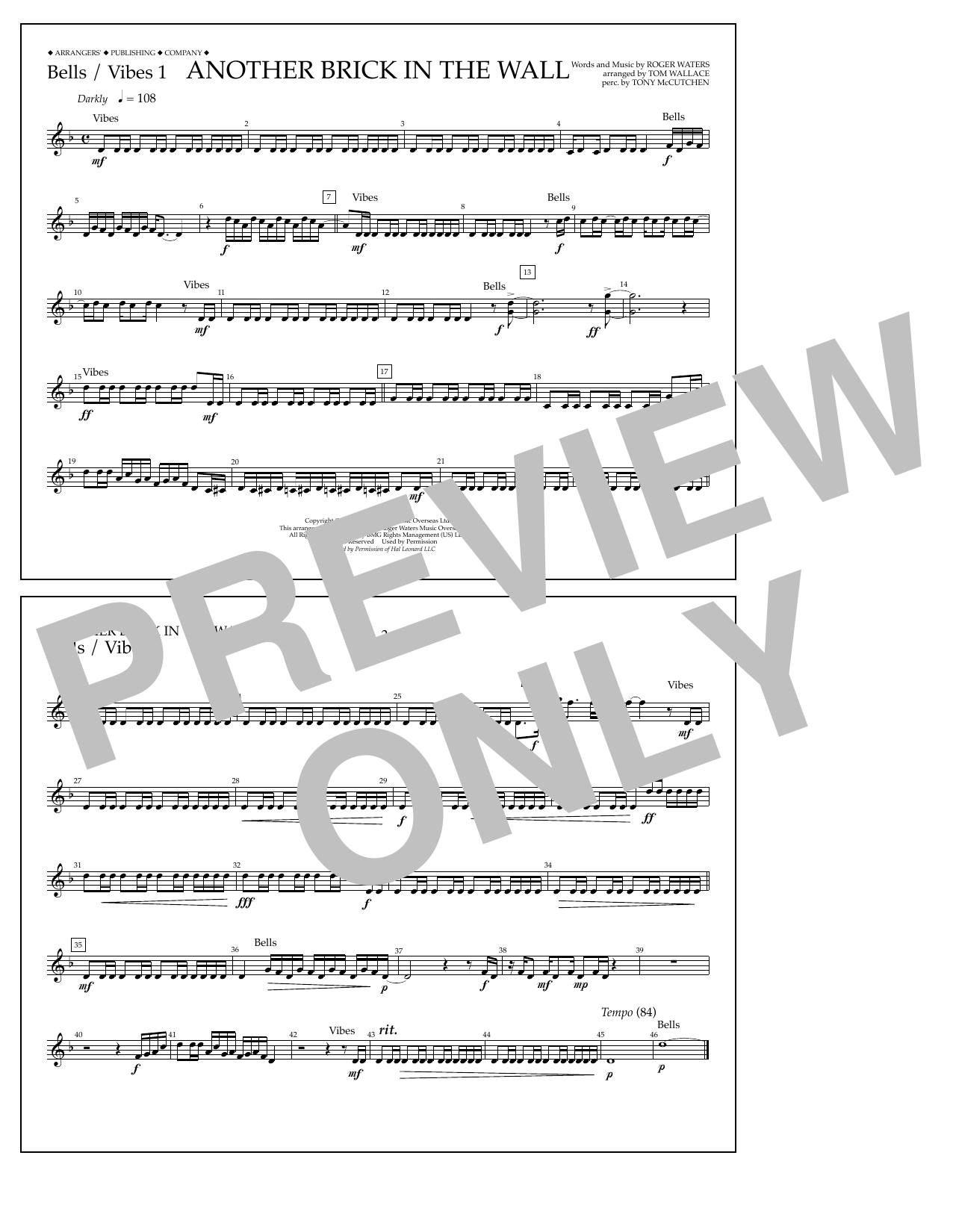 Tom Wallace Another Brick in the Wall - Bells/Vibes 1 Sheet Music Notes & Chords for Marching Band - Download or Print PDF
