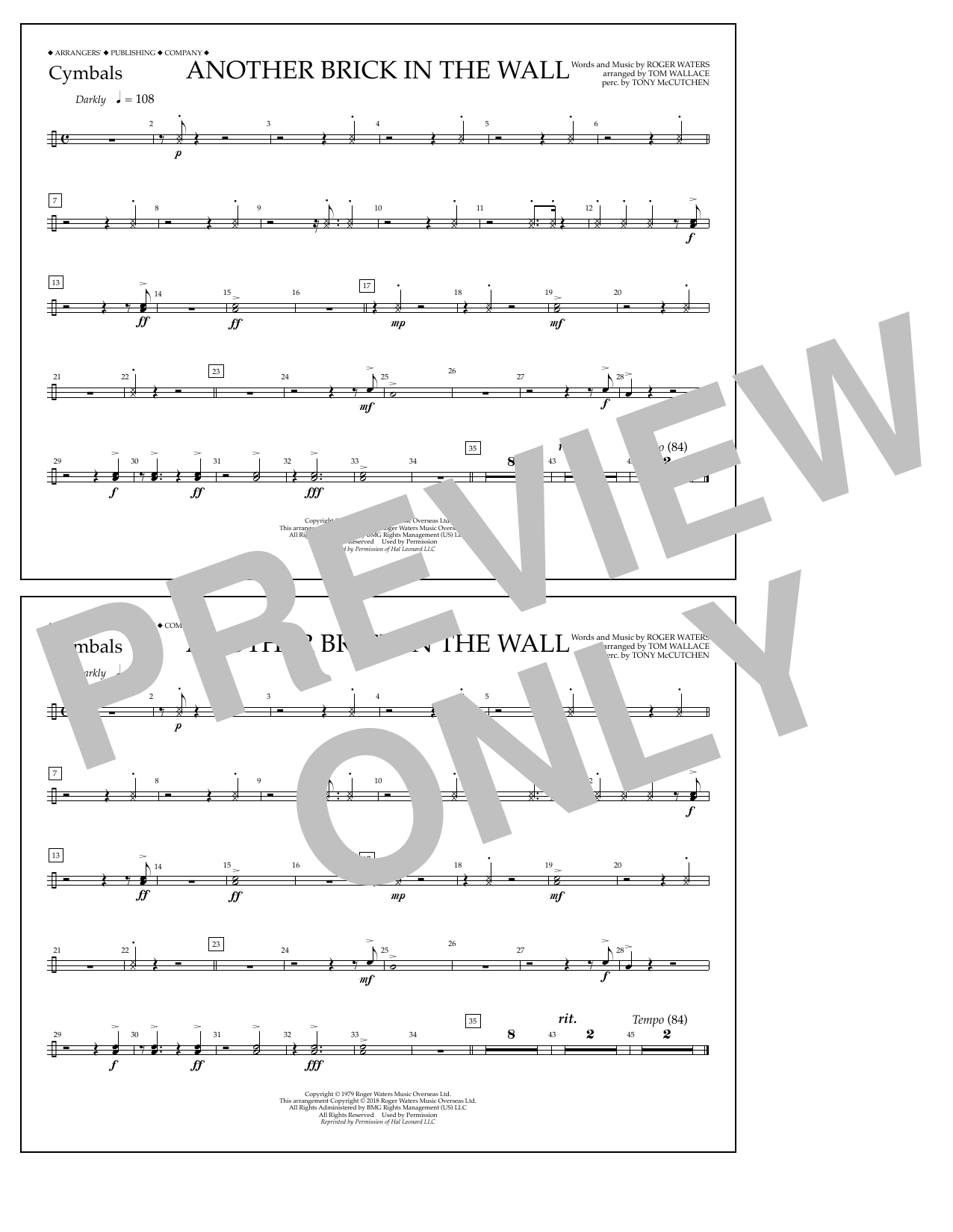 Tom Wallace Another Brick in the Wall - Cymbals Sheet Music Notes & Chords for Marching Band - Download or Print PDF